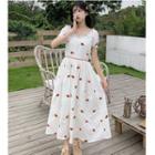 Short-sleeve Strawberry Embroidered Midi A-line Dress White - One Size
