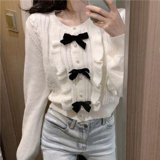 Ribbon Ruffled Cardigan Cream White - One Size
