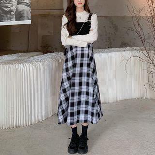 Puff-sleeve T-shirt / Buckled Paneled Plaid Overall Dress / Set
