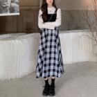 Puff-sleeve T-shirt / Buckled Paneled Plaid Overall Dress / Set