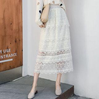 Midi A-line Lace Tiered Skirt