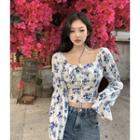 Floral Print Cropped Blouse Blue Flowers - White - One Size