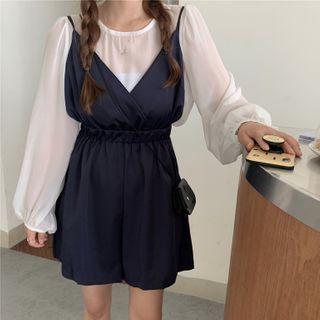 Plain Long-sleeve Blouse / Spaghetti Strap Wide-leg Jumper Shorts