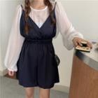 Plain Long-sleeve Blouse / Spaghetti Strap Wide-leg Jumper Shorts
