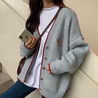 Color-block Loose-fit Cardigan Gray - One Size