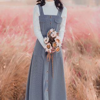 Set: Mock-neck Knit Top + Sleeveless Corduroy Midi Dress