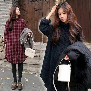 Tie-neck Plaid Long-sleeve Shirtdress