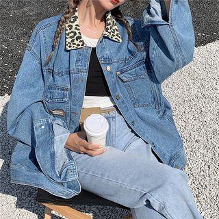 Leopard Print Collar Washed Denim Jacket