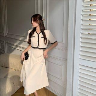 Two Tone Button-up Blazer / High-waist Plain A-line Skirt