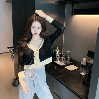 V Neck Color-block Knit Long-sleeve Cardigan