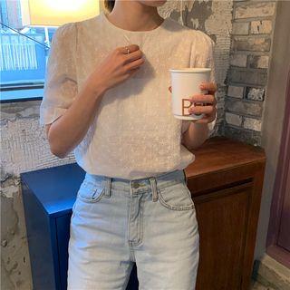 Round Collar Short Sleeve Top White - One Size