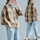 Elbow-sleeve Plaid Blouse Plaid - Brown - One Size