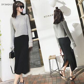 Set: Plain Rib Sweater + Slit-back Midi Skirt