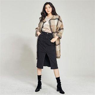 Round-neck Plaid Wool Blend Coat