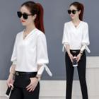 Elbow-sleeve V-neck Bow-tied Blouse