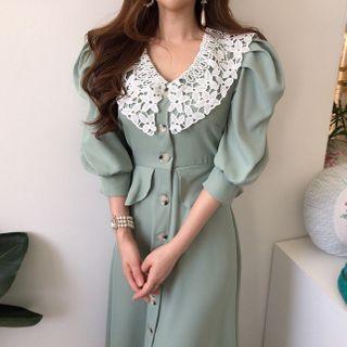 Lace Collar Panel Lantern-sleeve Slim Fit Dress