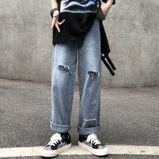 Letter Print Straight Cut Ripped Jeans
