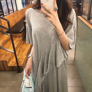 Elbow-sleeve Ruffle Midi T-shirt Dress