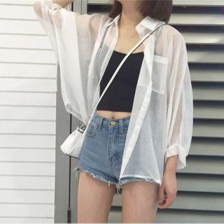 Long-sleeve Sheer Chiffon Shirt White - One Size