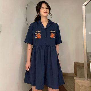 Elbow-sleeve Cartoon Embroidered Polo Shirtdress