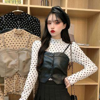 Long-sleeve Dotted Mock-neck Top / Faux Leather Camisole Top