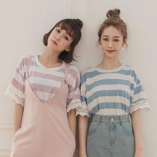 Elbow-sleeve Striped Lace Panel T-shirt