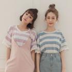 Elbow-sleeve Striped Lace Panel T-shirt