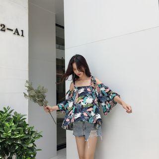 Leaf Print Off-shoulder Elbow-sleeve Top