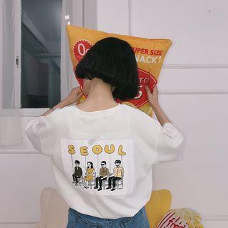 Printed Back Elbow-sleeve T-shirt