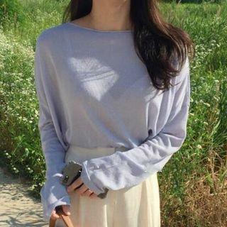 Plain Long-sleeve Knit Top Purplish Blue - One Size