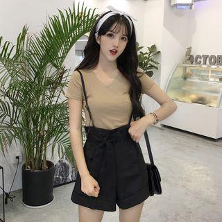 Set: V-neck Short-sleeve T-shirt + High Waist Shorts
