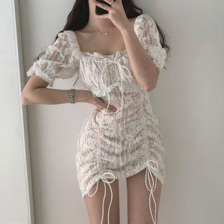 Short-sleeve Ruched Front Lace Mini Sheath Dress