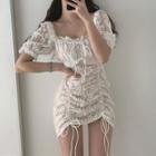 Short-sleeve Ruched Front Lace Mini Sheath Dress