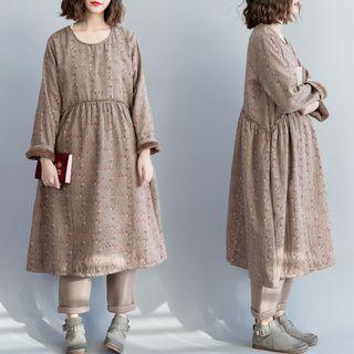 Long-sleeve Floral Print Midi A-line Dress Khaki - One Size