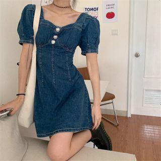 Square-neck Denim A-line Dress