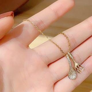 Rhinestone Cutlery Pendant Necklace Xl055 - 1pc - Gold - One Size