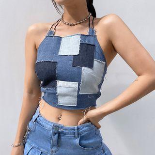 Denim Patch Halter Camisole Top