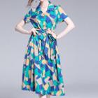 Short-sleeve Printed Midi Shirt Dress With Sash