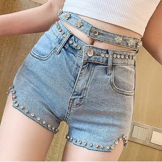 Rhinestone Cutout Denim Hot Pants