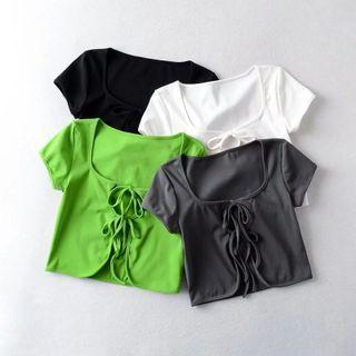 Short Sleeve Square-neck Tie-front Crop Top