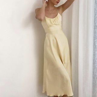 Spaghetti Strap Satin Ruched Midi Dress