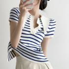 Short-sleeve Striped Lace-up Back Polo Knit Top Blue - One Size