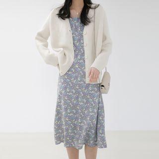 Cardigan / Sleeveless Floral Print Midi A-line Dress