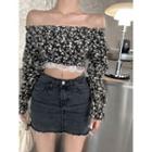 Long-sleeve Floral Lace Cropped Top Black - One Size
