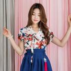 Short-sleeve Midi Skirt Hanbok Set (floral / Navy Blue)