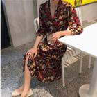 3/4-sleeve Floral Buttoned Midi Dress