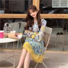 Frilled Floral Chiffon Shirtwaist Dress Sky Blue - One Size