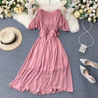 Plain Round-neck Off-shoulder Ruffle Dress