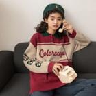 Lettering Color Panel Polo-neck Sweater