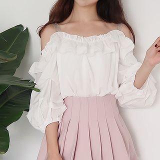 Frill Trim Cold Shoulder 3/4-sleeve Blouse